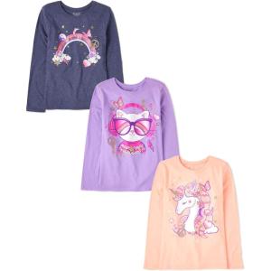 The Children’s Place Girls Unicorns,Sports,Butterflies Long Sleeve Graphic T-Shirts,3 Pack(Cat Sunglasses/Rainbow/Unicorn)