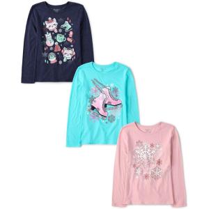 The Children’s Place Girls Unicorns,Sports,Butterflies Long Sleeve Graphic T-Shirts,3 Pack(Ice Skates/Winter Icons/Snowflakes)