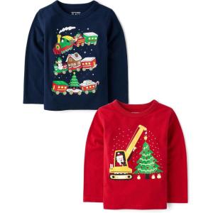 The Children’s Place Unisex-Baby and Toddler All Holidays,Birthdays Long Sleeve Graphic T-Shirts,2 Pack(Santa Construction/Holiday Train)