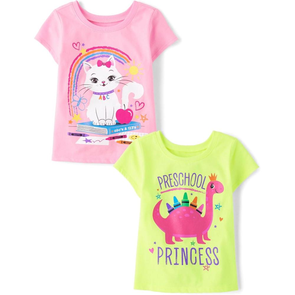 imageThe Childrens Place BabyBoys and Toddler School Days Short Sleeve Graphic TShirtsmultipacksPreschool PrincessCat Rainbow 2pack