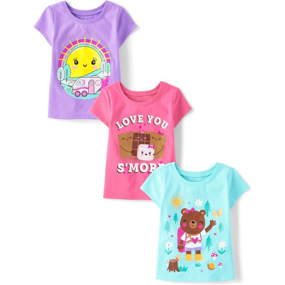 imageThe Childrens Place BabyGirls and Toddler Assorted Everyday Short Sleeve Graphic TShirtsmultipacksCamp 3pack