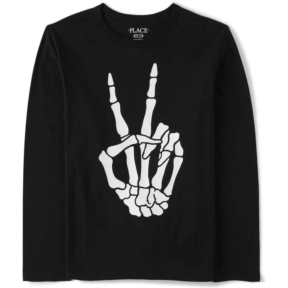 imageThe Childrens Place UnisexBaby and Toddler All HolidaysBirthdays Long Sleeve Graphic TShirtsHalloween Skeleton Peace Glow