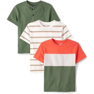 The Children’s Place Boys Short Sleeve Knit T-Shirt(Orange Colorblock/Striped/Green 3-pack)