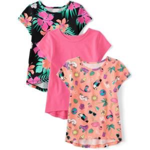 The Children’s Place Girls’ Short Sleeve Graphic High Low Top(Pink Tropic 3-pack)