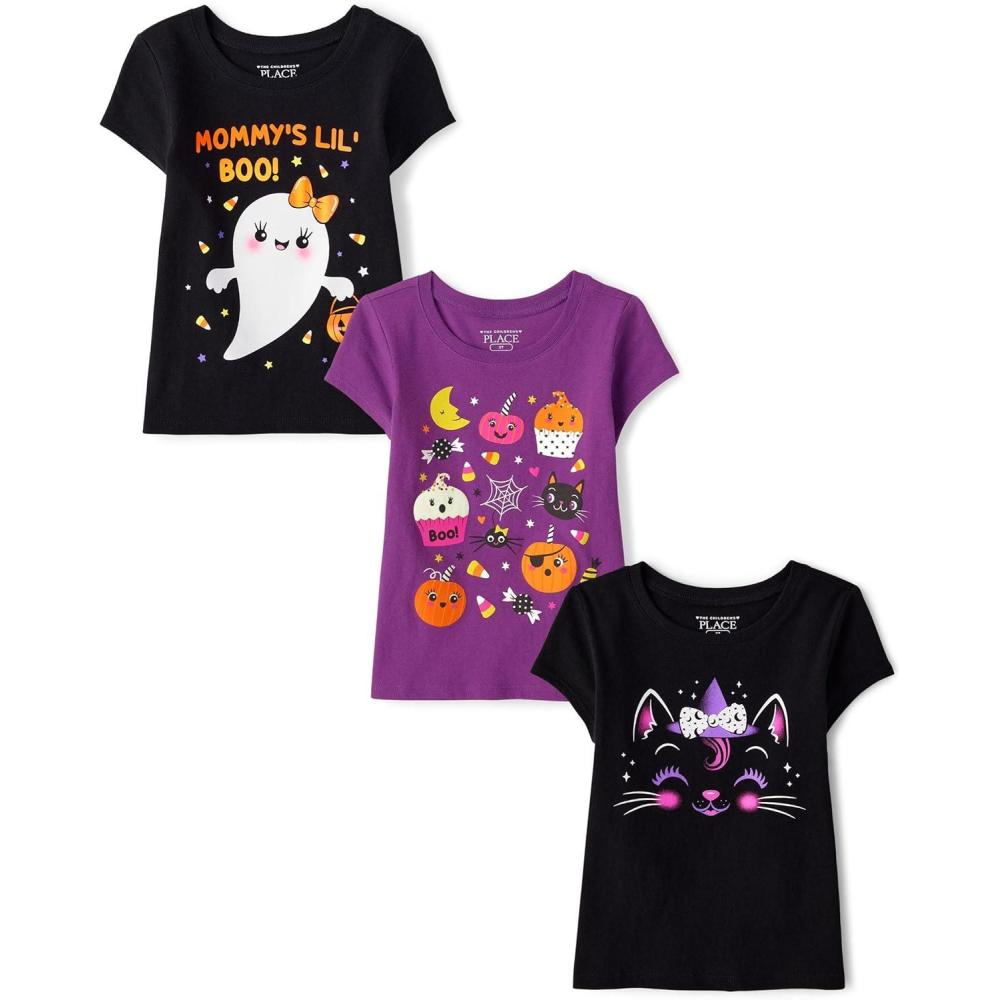 imageThe Childrens Place BabyGirls and Toddler All HolidaysBirthdays Short Sleeve Graphic TShirts3 PackMommys BooSpooky DoodleCat
