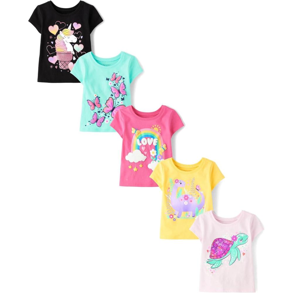 imageThe Childrens Place BabyGirls and Toddler TrendsUnicornsButterflies Short Sleeve Graphic TShirts5 PackGirly Animals