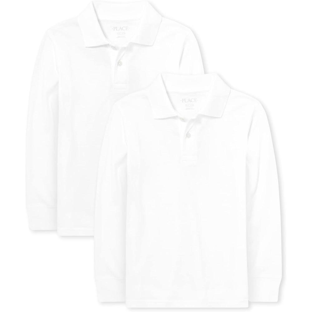 imageThe Childrens Place Boys Long Sleeve Soft Jersey Knit PolomultipacksWhite 2pack