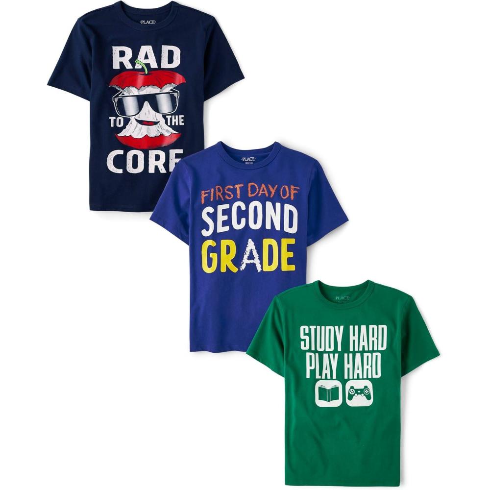 imageThe Childrens Place Boys SchoolLearning Short Sleeve Graphic TShirts3 Pack1st Day of Second GradeRadStudy Hard