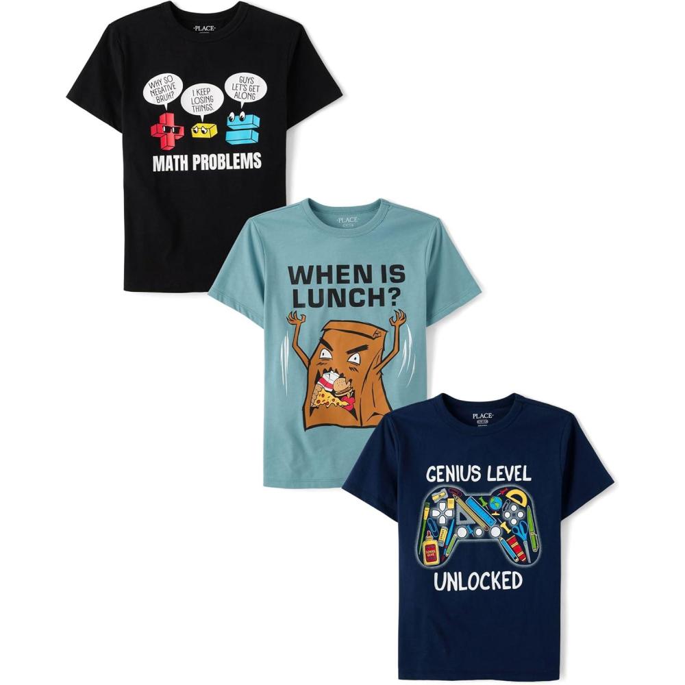imageThe Childrens Place Boys SchoolLearning Short Sleeve Graphic TShirts3 PackGeniusMathLunch