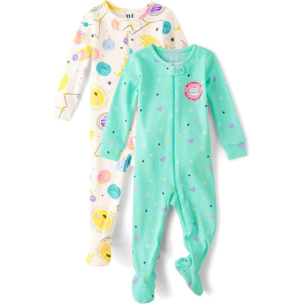 imageThe Childrens Place babygirls And Toddler Long Sleeve 100 Cotton Zipfront One Piece Footed PajamaHeart PrintSpace Print 2pack