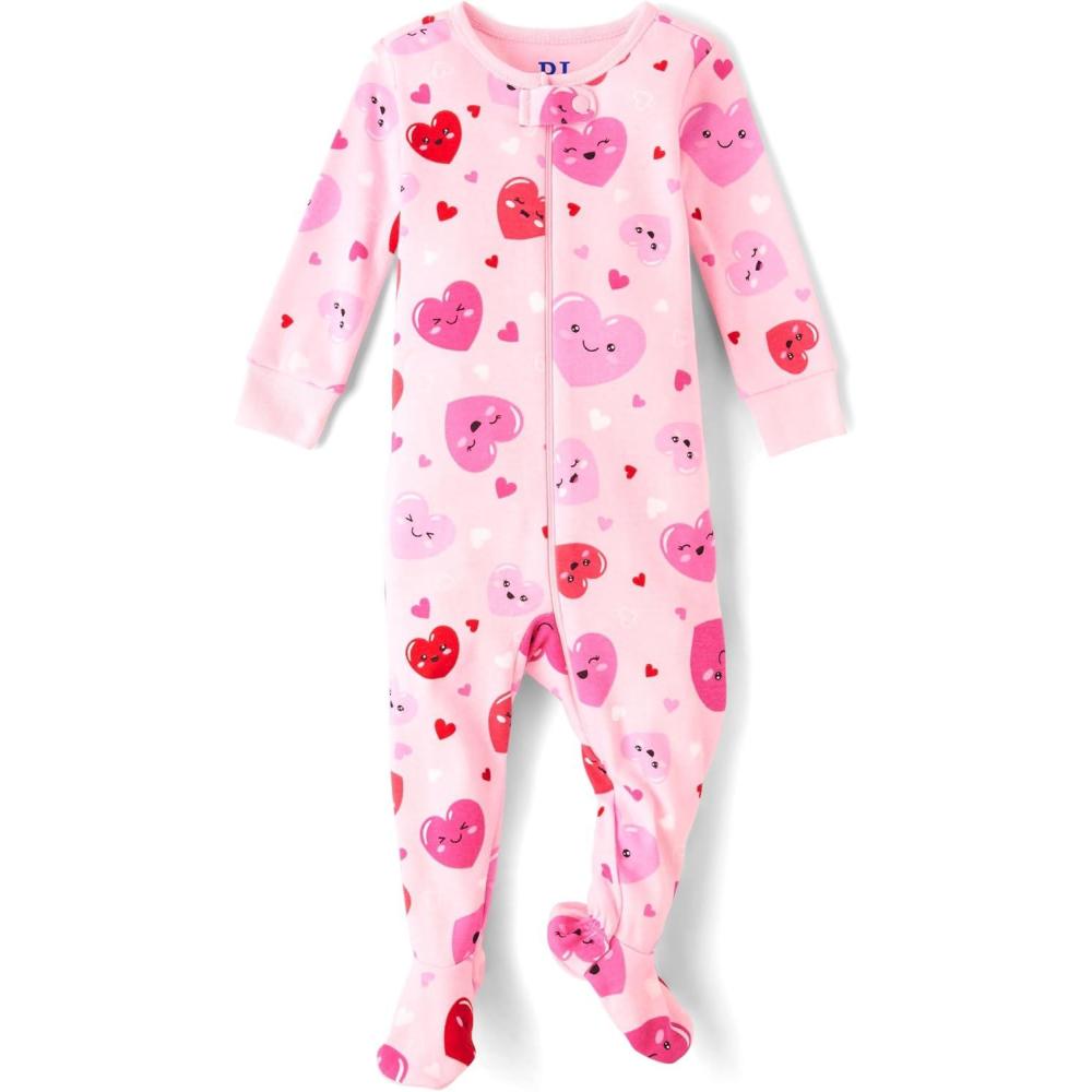 imageThe Childrens Place babygirls And Toddler Long Sleeve 100 Cotton Zipfront One Piece Footed PajamaVday Hearts