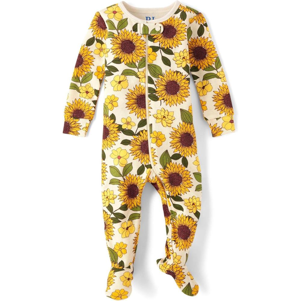 imageThe Childrens Place babygirls And Toddler Long Sleeve 100 Cotton Zipfront One Piece Footed PajamaWhite Daisy