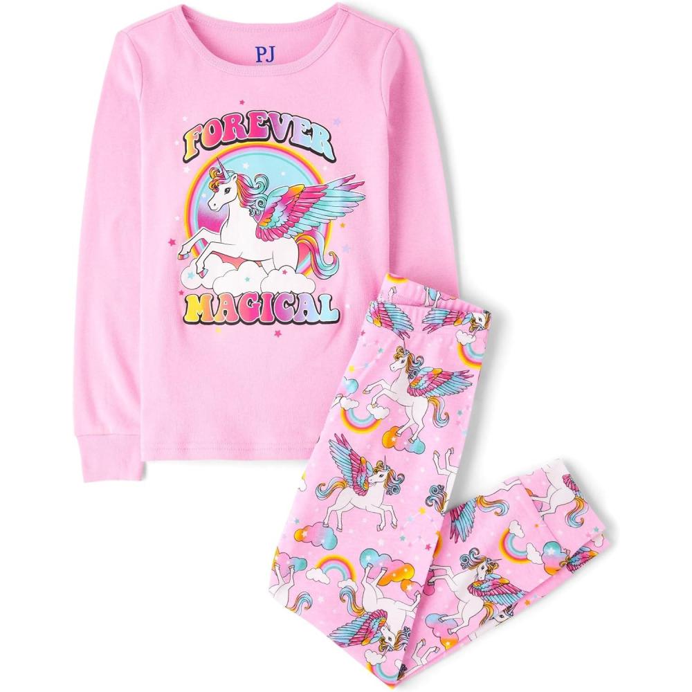 imageThe Childrens Place girls Long Sleeve Top and Pants Snug Fit 100 Cotton 2 Piece Pajama SetForever Magical