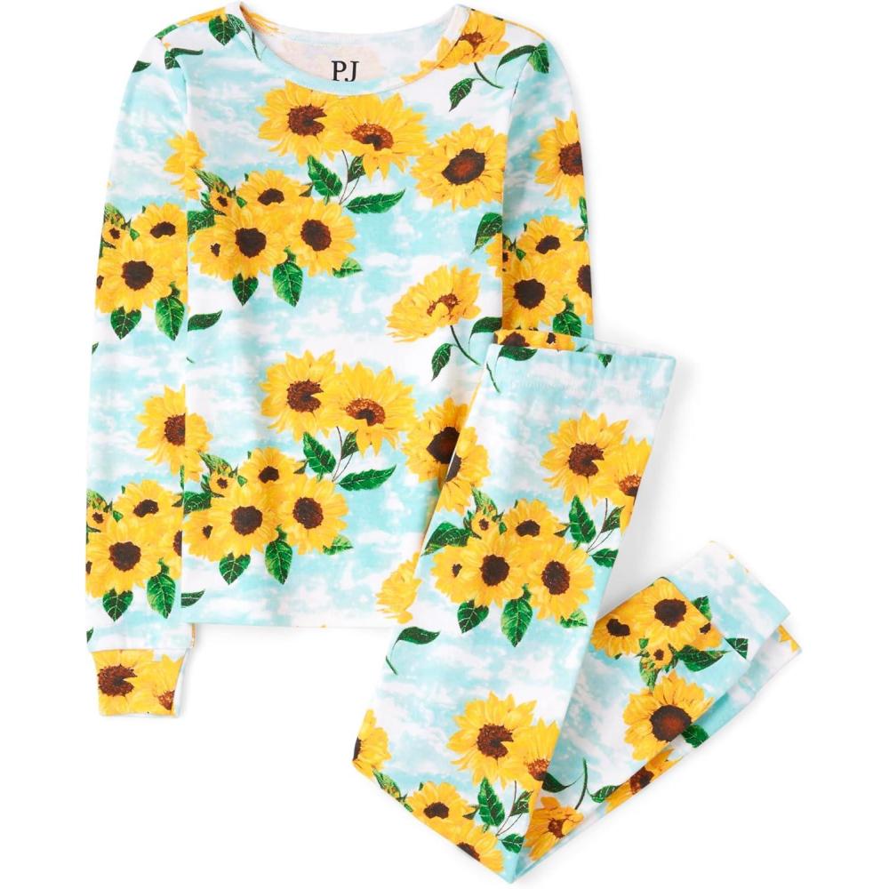 imageThe Childrens Place girls Long Sleeve Top and Pants Snug Fit 100 Cotton 2 Piece Pajama SetSunflowers