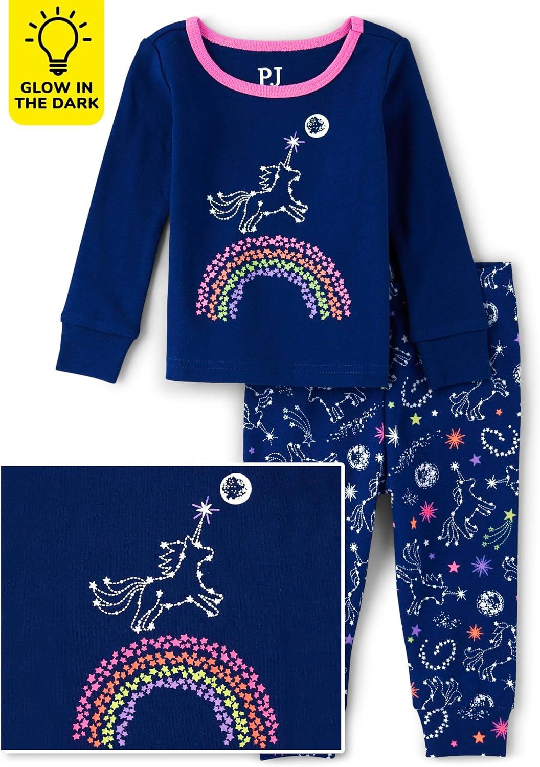 imageThe Childrens Place Baby Girls And Toddler Long Sleeve Top and Pants Snug Fit 100 Cotton 2 Piece Pajama SetGlow Unicorn