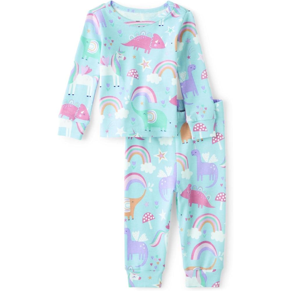 imageThe Childrens Place Baby Girls And Toddler Long Sleeve Top and Pants Snug Fit 100 Cotton 2 Piece Pajama SetRainbow Dino