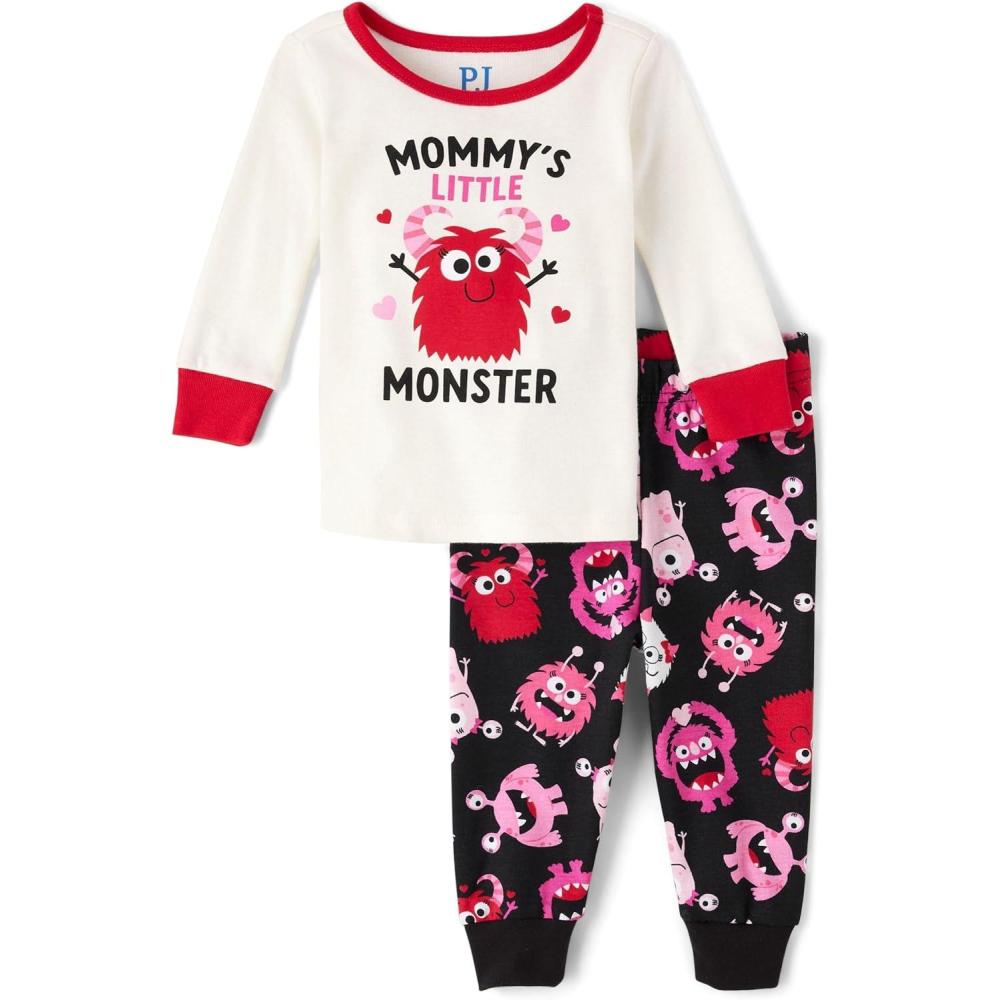 imageThe Childrens Place Baby Girls And Toddler Long Sleeve Top and Pants Snug Fit 100 Cotton 2 Piece Pajama SetVday Monster