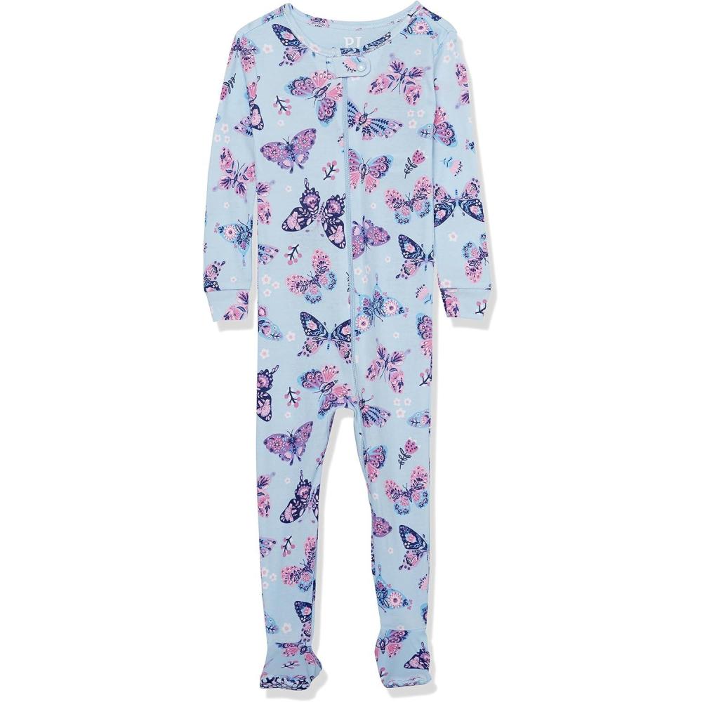 imageThe Childrens Place babygirls And Toddler Snug Fit 100 Cotton One Piece Zip Front Footed PajamaBlue Butterflies