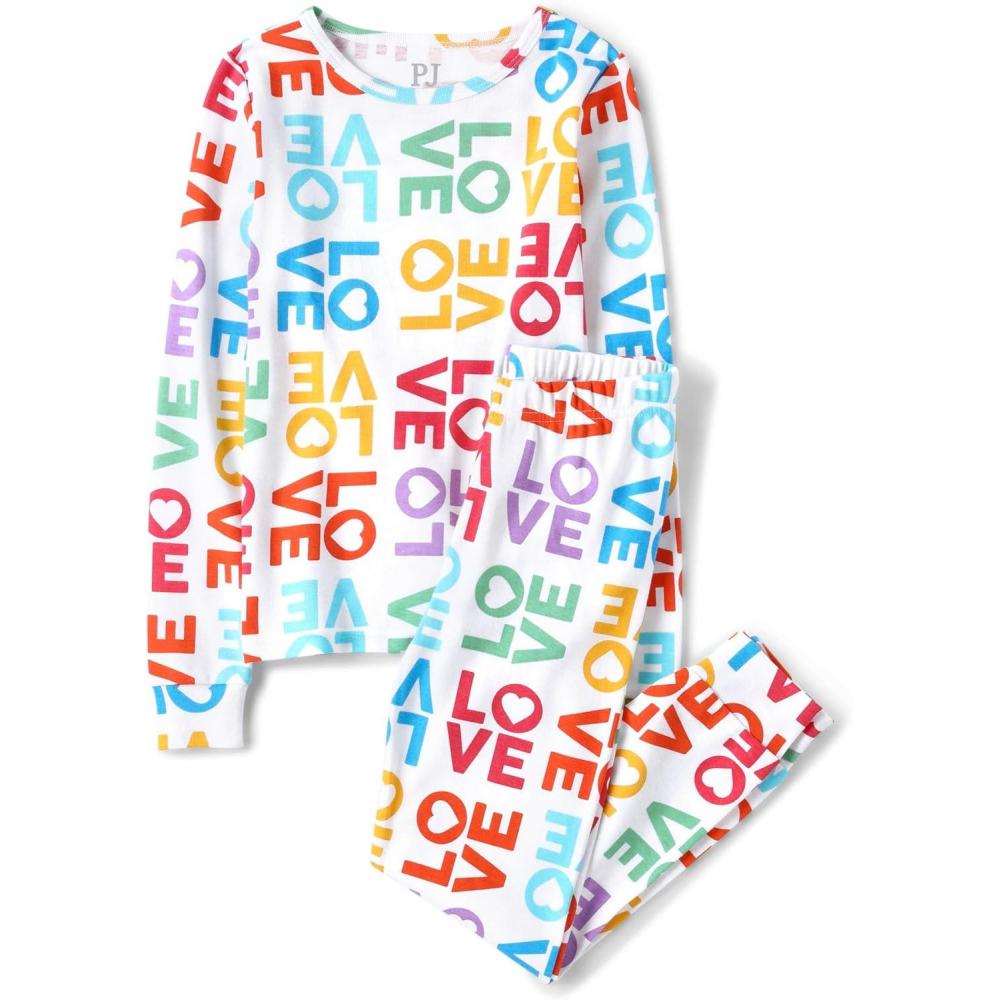 imageThe Childrens Place babygirls Long Sleeve Top and Pants Snug Fit 100 Cotton 2 Piece Pajama SetMulti Love