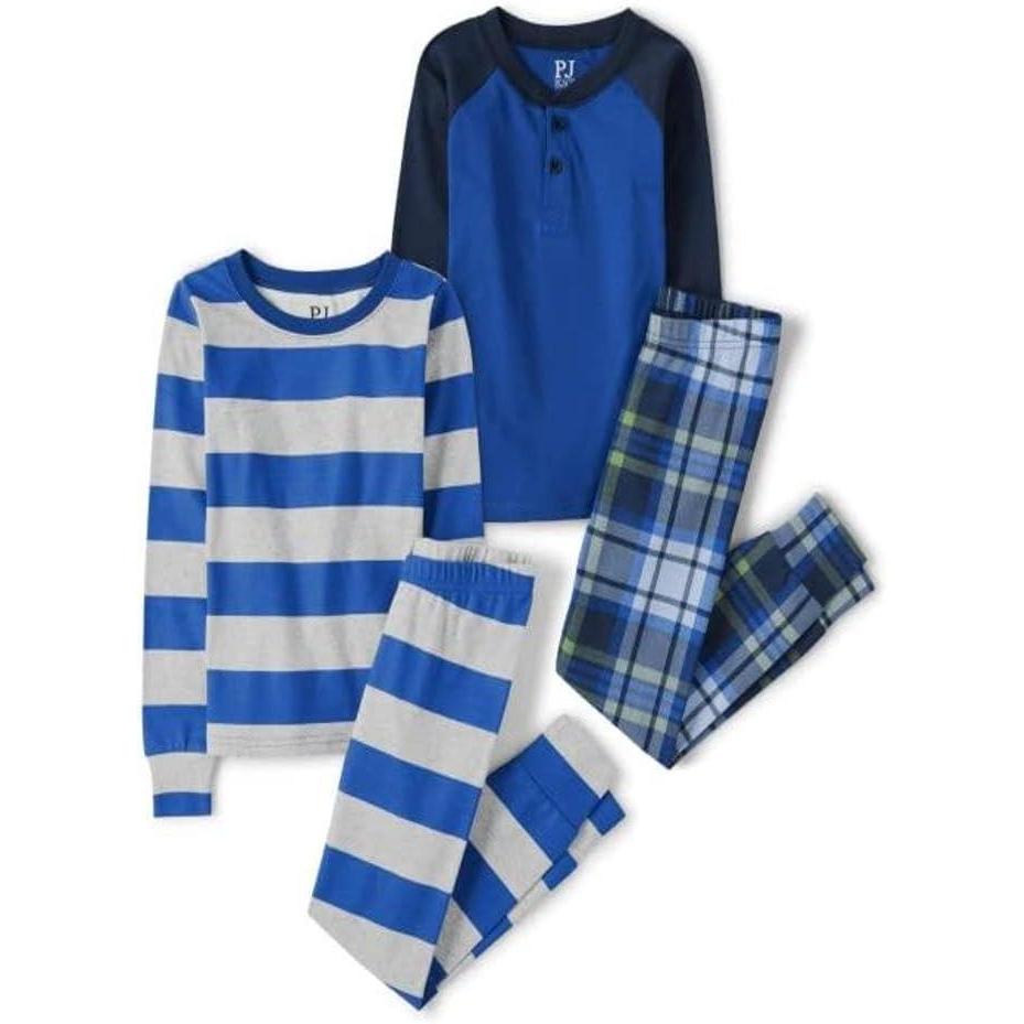 imageThe Childrens Place boys 100 Cotton Long Sleeve Top and Pants2 Piece Pajama SetEssential Blue 2pack