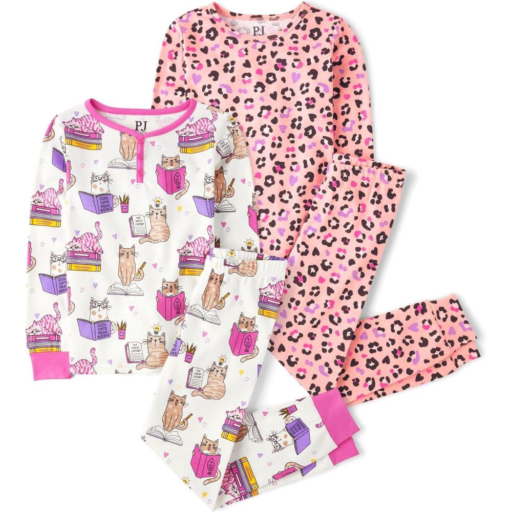 imageThe Childrens Place girls The Childrens Place Girls Long Sleeve 2 Piece Snug Fit Cotton PajamasCatCheetah 2pack