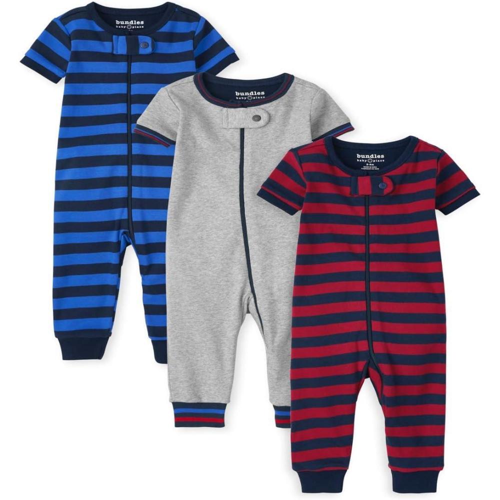 imageAnd Toddler 100 Cotton Long Sleeve Zip Front One Piece Footed Pajamassleep amp PlaySs Blue StripeGrayRed Stripe 3pack