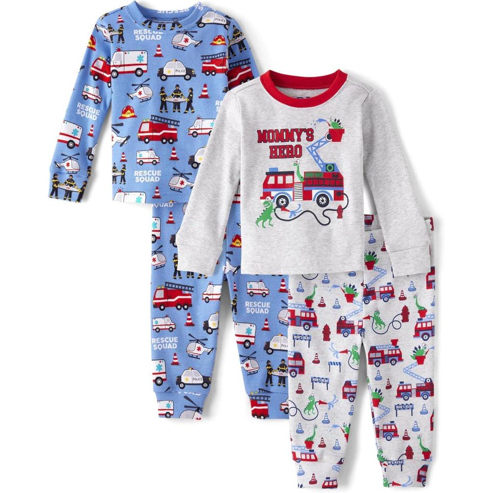 imageThe Childrens Place babyboys And Toddler Long Sleeve Top and Pants Snug Fit 100 Cotton 4 Piece Pajama SetRescue SquadMoms Hero