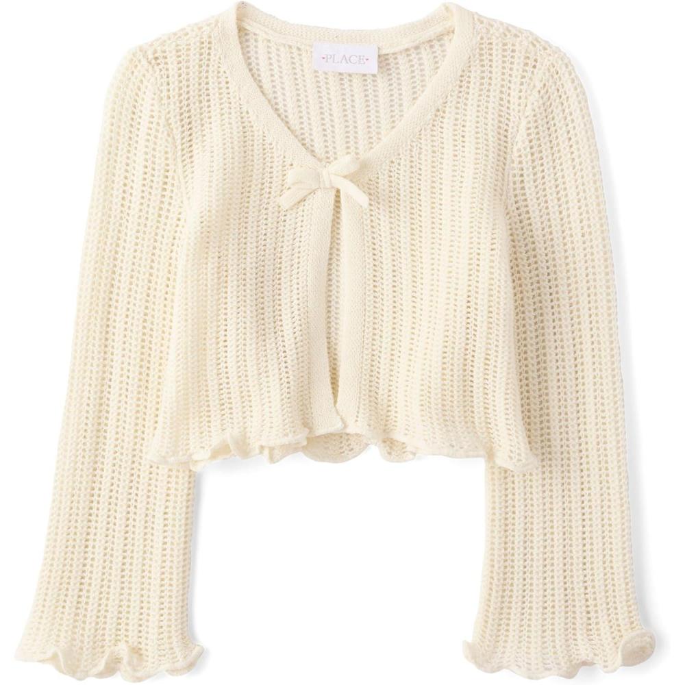 imageThe Childrens Place Girls Long Bell Sleeve Tie Front Layering CardiganFair Ivory