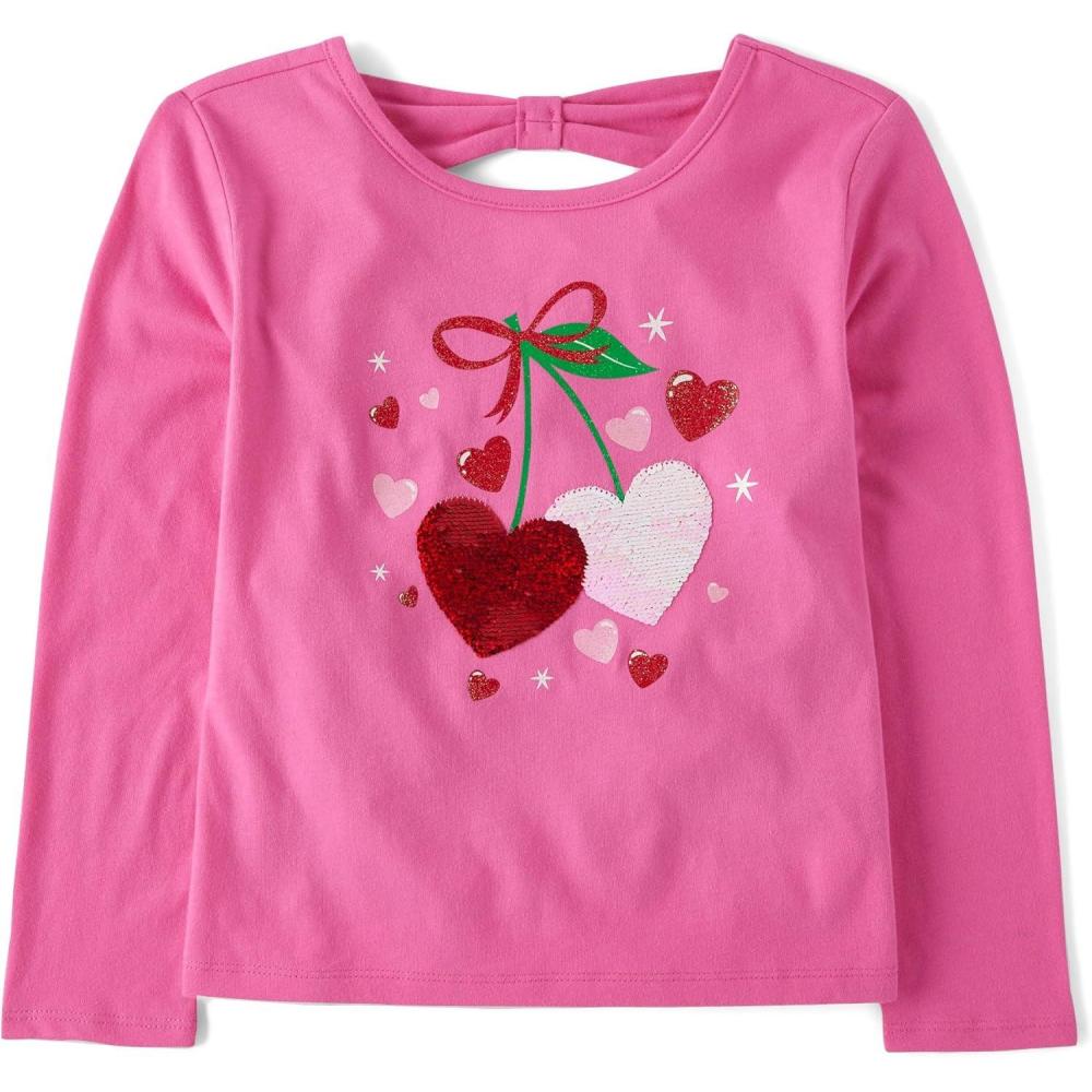 imageThe Childrens Place Girls Long Sleeve Graphic Top with Back DetailCherry Hearts