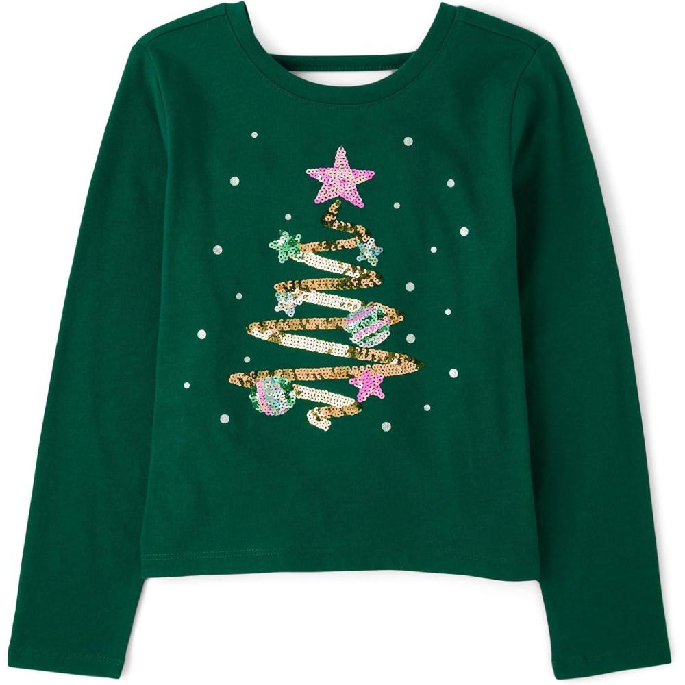 imageThe Childrens Place Girls Long Sleeve Graphic Top with Back DetailHoliday Tree