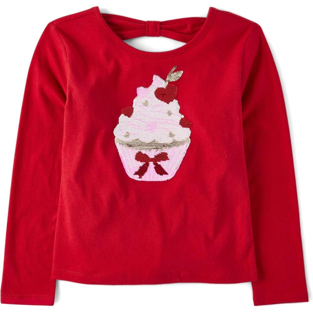 imageThe Childrens Place Girls Long Sleeve Graphic Top with Back DetailRed Cupcake