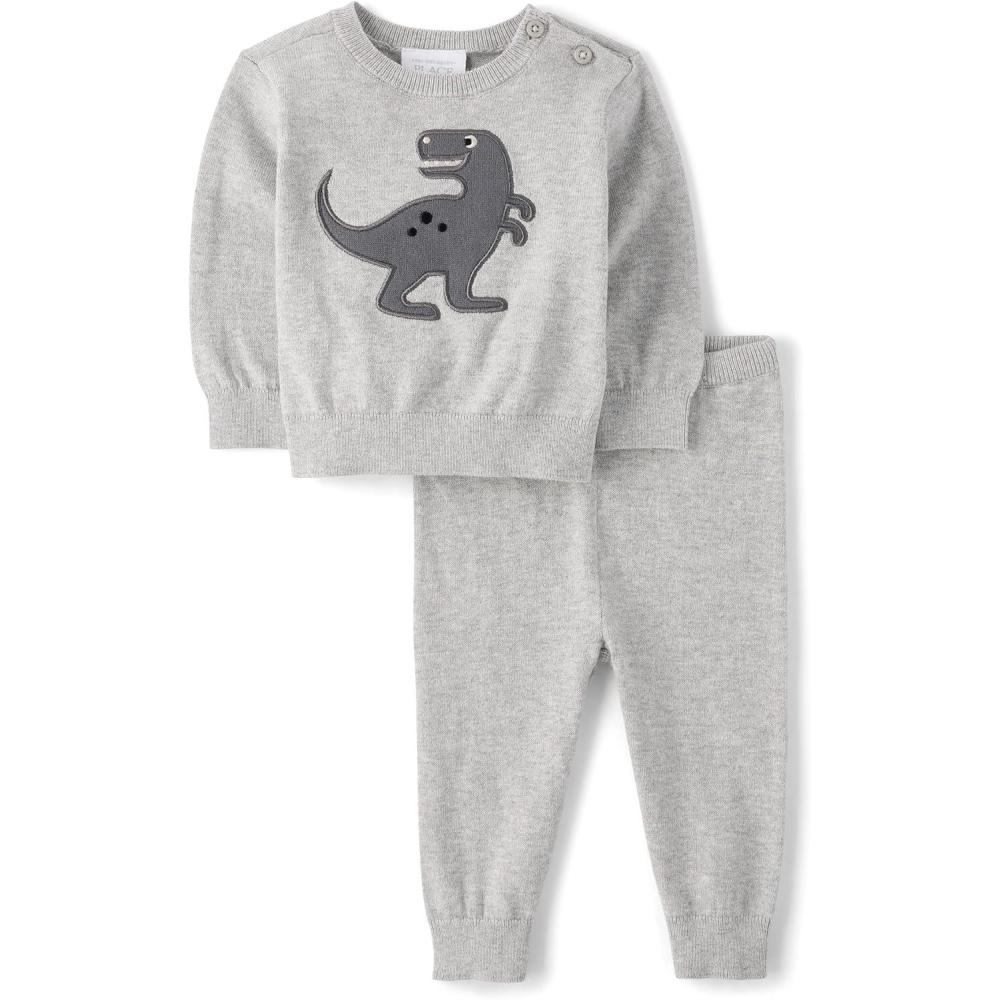 imageThe Childrens Place babyboys And Newborn Long Sleeve Sweater and Pants 2 Piece Playwear SetGray Dino