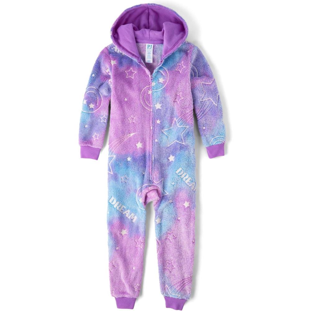 imageThe Childrens Place girls Long Sleeve Fleece Hooded Zip Front One Piece PajamasNeon Dreams Sherpa