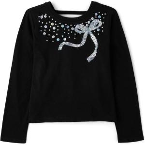 The Children’s Place Girls Long Sleeve Graphic Top with Back Detail(Black Bow)