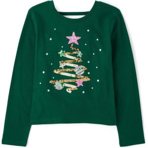 The Children’s Place Girls Long Sleeve Graphic Top with Back Detail(Holiday Tree)