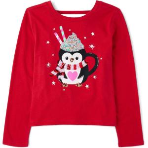 The Children’s Place Girls Long Sleeve Graphic Top with Back Detail(Penguin Mug)