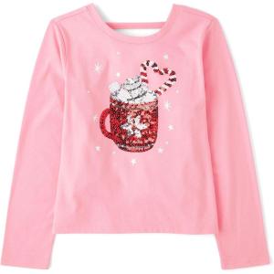 The Children’s Place Girls Long Sleeve Graphic Top with Back Detail(Pink Candy Cane Mug)