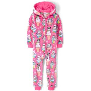 The Children’s Place girls Long Sleeve Fleece Hooded Zip Front One Piece Pajamas(Neon Peony Food)