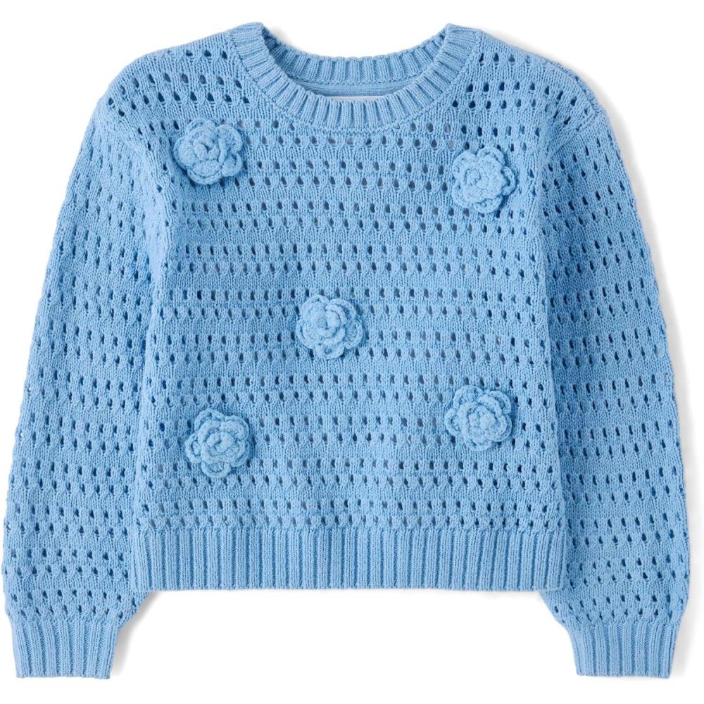 imageThe Childrens Place BabyGirls and Toddler Long Sleeve Crew Neck Pullover SweaterBlue Flowers