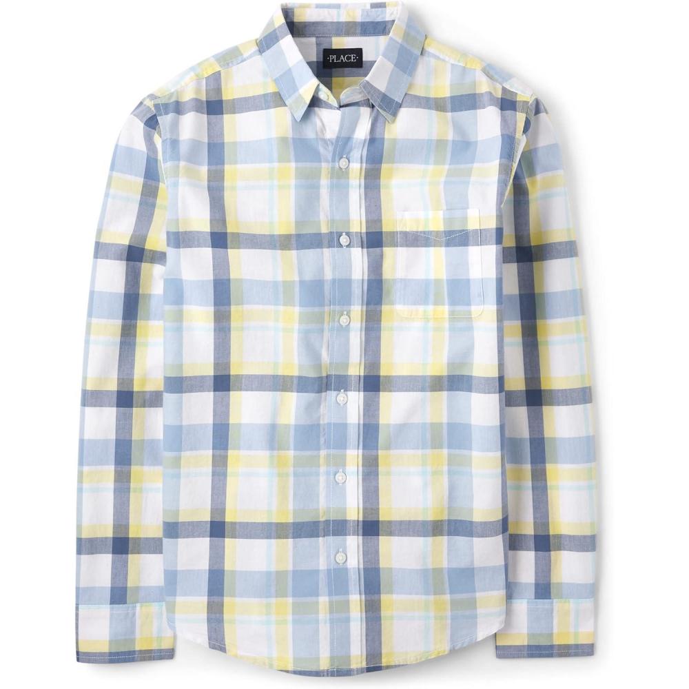 imageThe Childrens Place Boys Long Sleeve Button Down ShirtsBlueYellow Plaid Dad