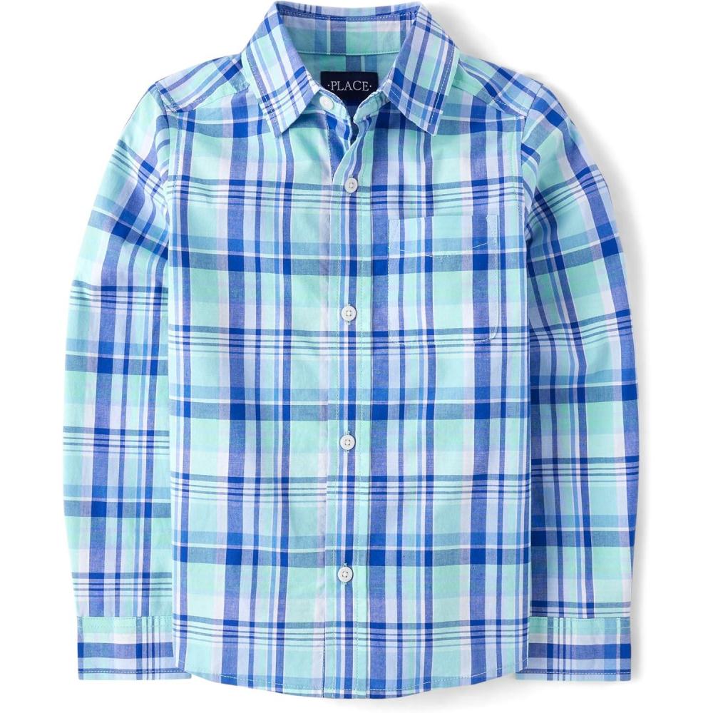 imageThe Childrens Place Boys Long Sleeve Button Down ShirtsMellow Aqua Plaid