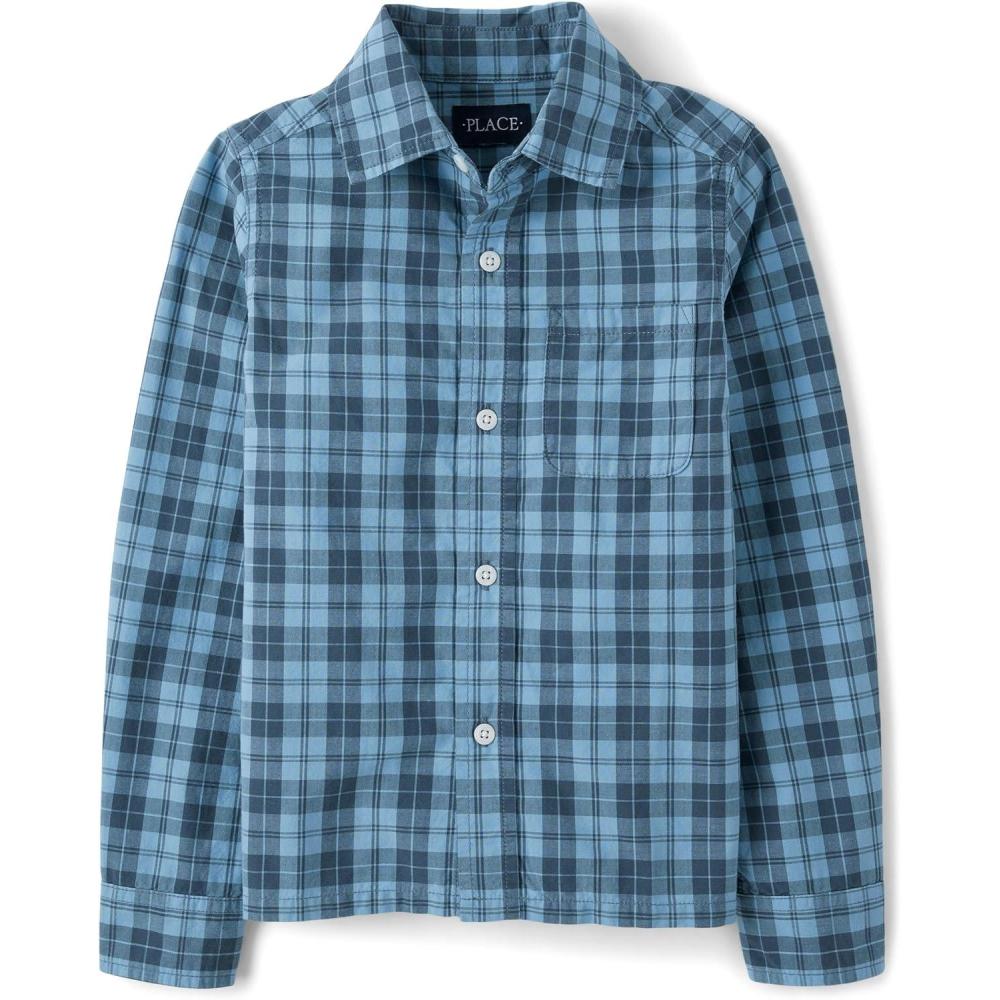 imageThe Childrens Place Boys Long Sleeve Button Down ShirtsPearl Blue Plaid