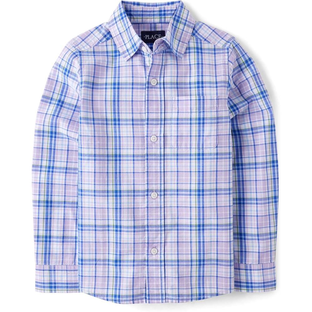 imageThe Childrens Place Boys Long Sleeve Button Down ShirtsPetal Purple Plaid