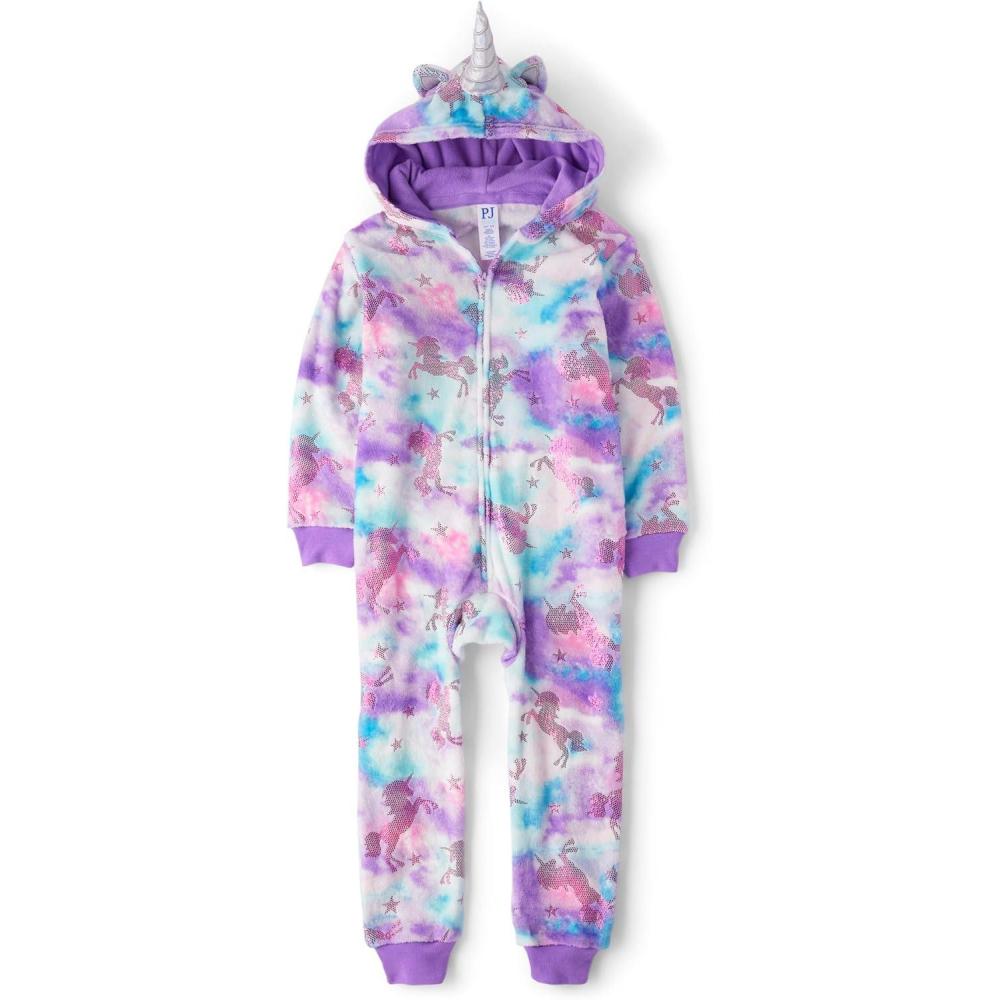 imageThe Childrens Place girls Long Sleeve Fleece Zip Up One Piece PajamaFoil Unicon
