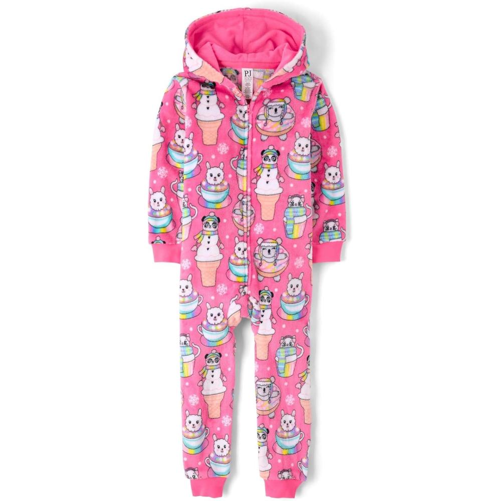 imageThe Childrens Place girls Long Sleeve Fleece Zip Up One Piece PajamaNeon Peony Food