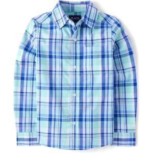 The Children’s Place Boys Long Sleeve Button Down Shirts(Mellow Aqua Plaid)