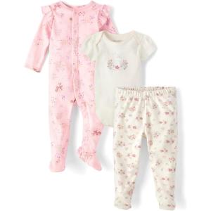The Children’s Place Unisex Baby And Newborn 100% Cotton Take Me Home 3-piece Long, Short Sleeve Bodysuit, and Pant(Rose Mist)