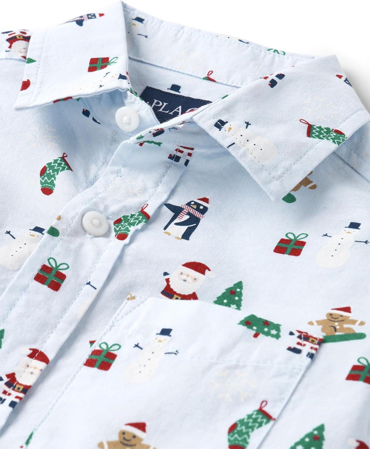 imageThe Childrens Place Big Boys Long Sleeve Poplin Button Down ShirtHoliday Print