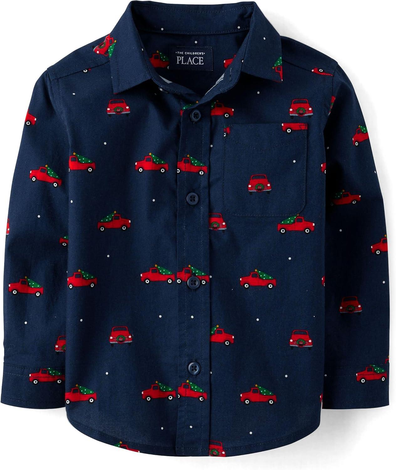 imageThe Childrens Place Big Boys Long Sleeve Poplin Button Down ShirtHoliday Truck Print