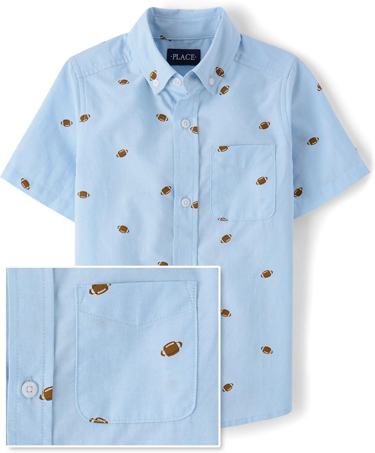 imageThe Childrens Place Boys Short Sleeve Poplin Button Down ShirtFootball Print